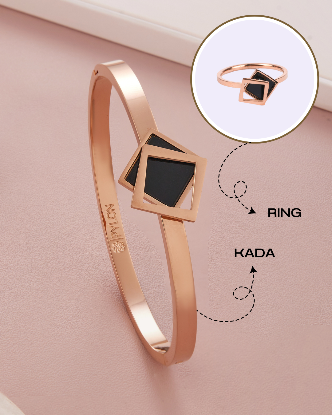Rosegold Dual Square Elegance Kada & Ring Set