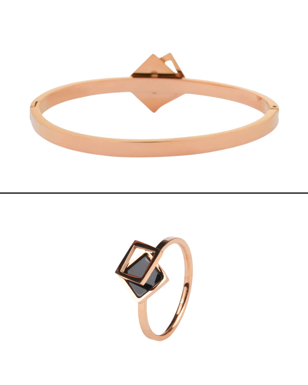Upper View of Rosegold Dual Square Elegance Kada & Ring Set
